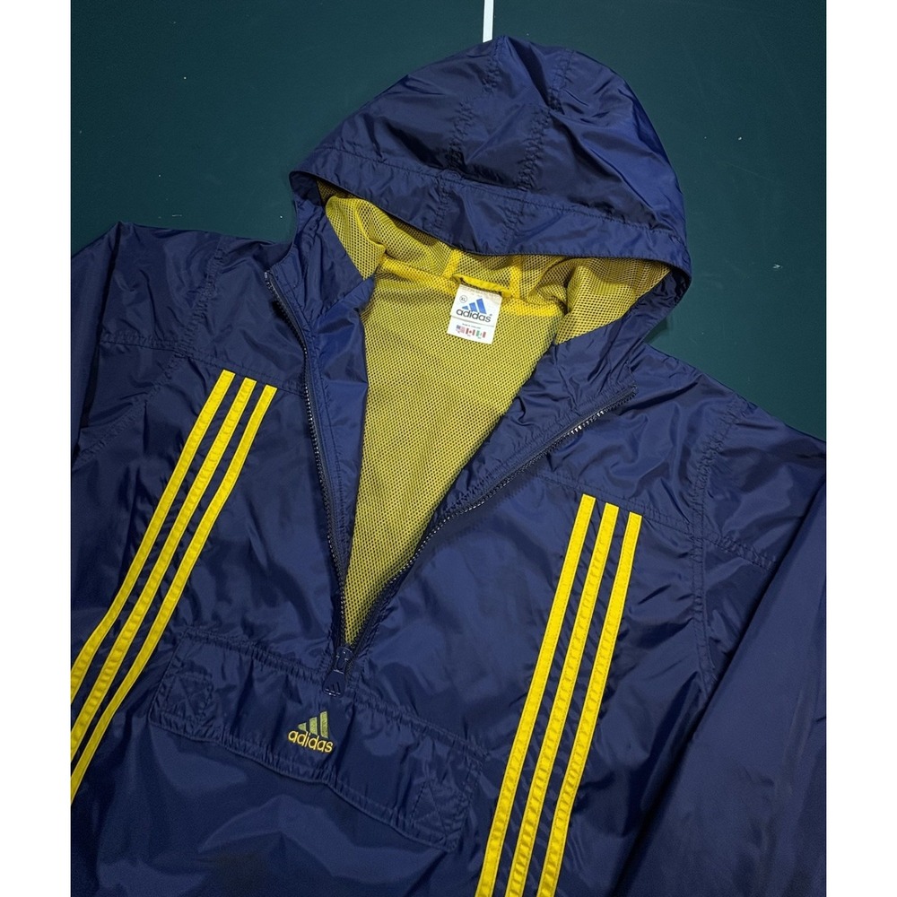 Vintage 90s Adidas 3 Stripe‎ Windbreaker Jacket Men's Large Blue Hooded Anorak - Picture 2 of 12
